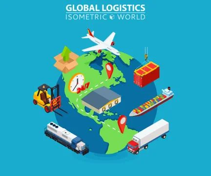 Global Logistics cargo delivery flat 3d isometric pixel art modern design con Illustrazione stock