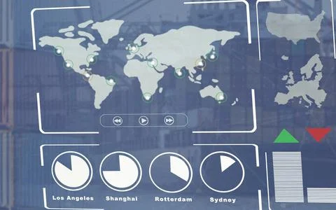 Global logistics dashboard interface with world map and shipping containers.. Stock Photos