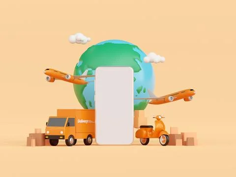 Global logistics, delivery and cargo transportation via smartphone, 3d illu.. Stock Illustration