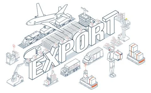 Global logistics facilitates the export of containerized cargo via ships, t.. Stock Illustration