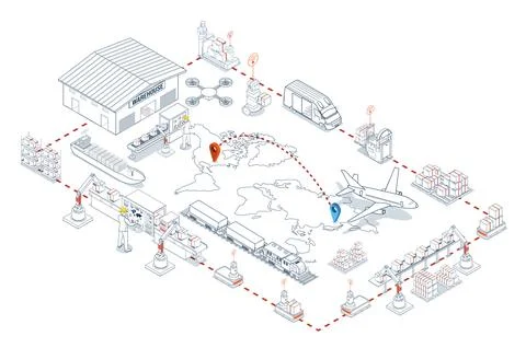 Global logistics network. 3D isometric scenes showing export-import operati.. Stock Illustration