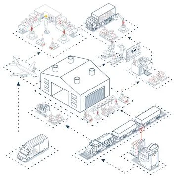 Global logistics network. 3D isometric scenes showing export-import operati.. Stock Illustration