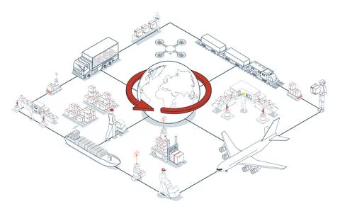 Global logistics network. 3D isometric scenes showing export-import operati.. Stock Illustration