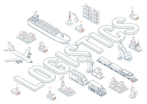Global logistics network. 3D isometric scenes showing export-import operati.. Stock Illustration