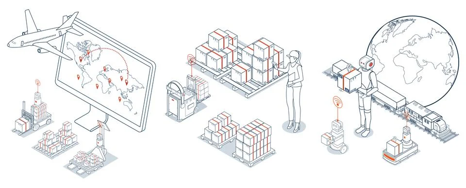Global logistics network. 3D isometric scenes showing export-import operati.. Stock Illustration