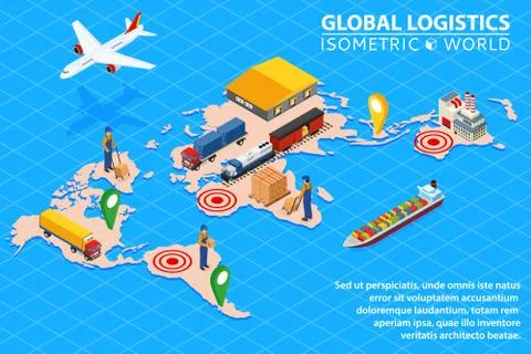 Global logistics network Flat 3d isometric vector illustration Set of air car イラスト素材