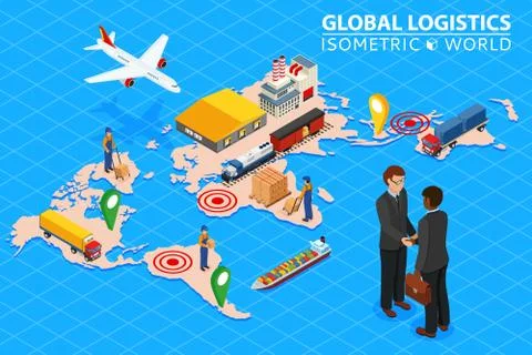 Global logistics network Flat 3d isometric vector illustration Set of air car Stock Illustration