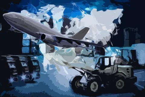 Global logistics network. Flat illustration. Air cargo, rail transportation Stock Illustration