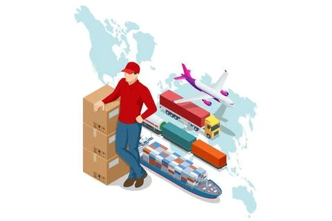 Global logistics network isometric air cargo trucking rail transportation Stock Illustration