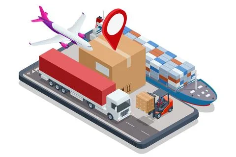 Global logistics network isometric air cargo trucking rail transportation Stock Illustration