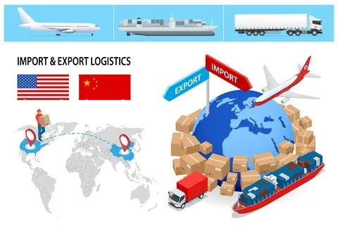 Global Logistics Network isometric, delivery and shipping business cargo truck Illustrazione stock