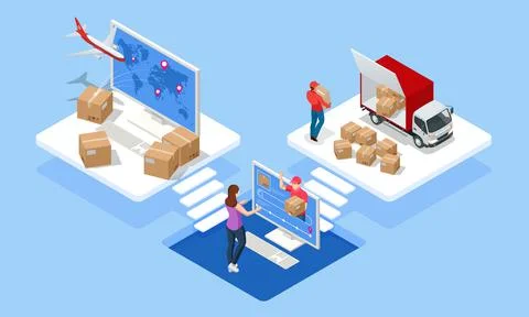 Global logistics network isometric illustration. Air cargo trucking rail Stock Illustration