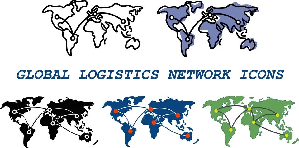 Global logistics network world map icons Illustrazione stock
