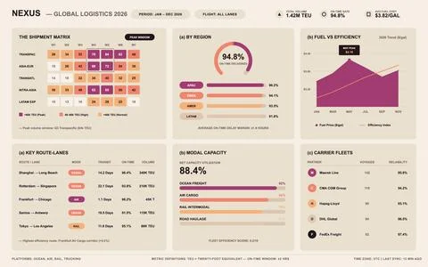 Global Logistics Performance Dashboard with Supply Chain Data Visualization Stock Illustration