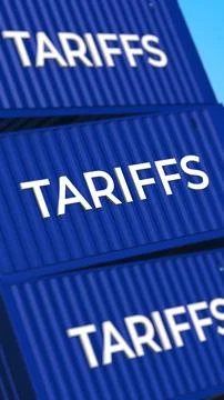 Global Logistics Tariffs Text on Blue Shipping Containers Illustration
