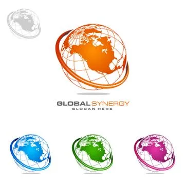 Global logo with ring sphere and digital world motion vector logo design Ilustración de archivo