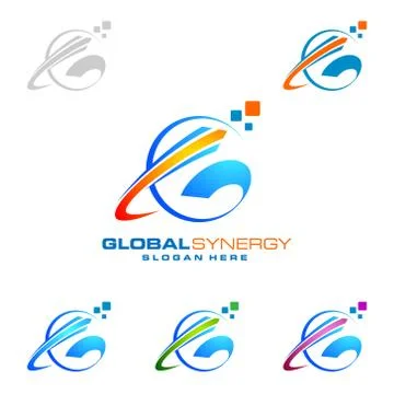 Global logo with ring sphere and digital world motion vector logo design Ilustración de archivo