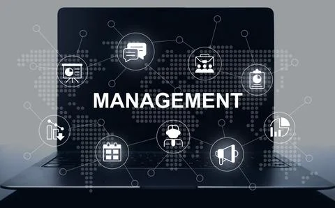 Global management program closeup concept image with white glyph icons Stock Photos