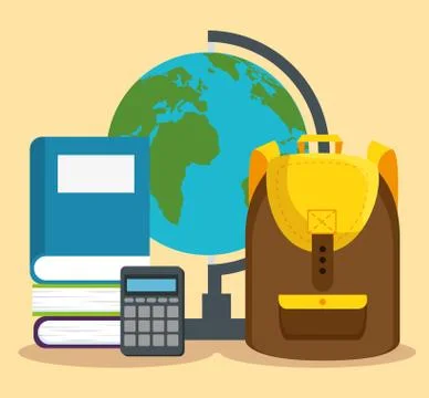 Global map with backpack and books with calculator 스톡 일러스트
