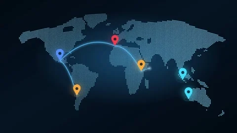 Global Map with Colorful Location Pins Animation Dotted World Map Visualization Stock Footage 344786296