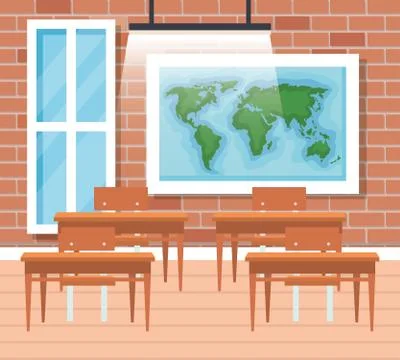 Global map with desks and window in the classroom Stock Illustration