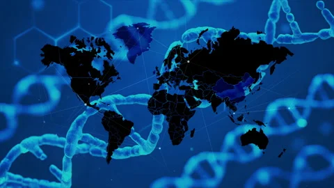 Global Map with DNA Strands: Exploring Genetics and Networking Across Conti.. Stock Footage 339051024