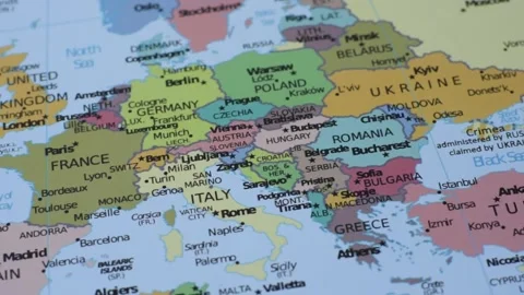 A global map of Europe as a backdrop for themes of trips, travel or relocation.  Stock Footage 340097812