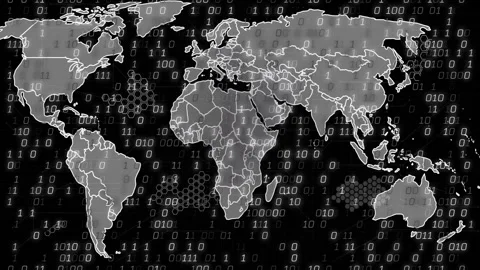 Global map evolving, binary digits initiating fill, lines linking borders, Stock Footage 331160948
