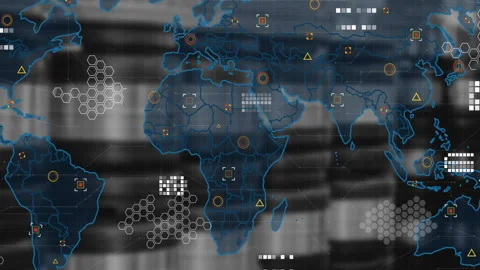 Global map interface being visualized in cyber dashboard, showing hex grids, Видео 307436294