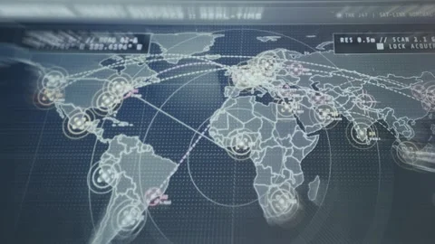 Global map interface featuring a radar sweep detecting security threats Stock Footage 335457998