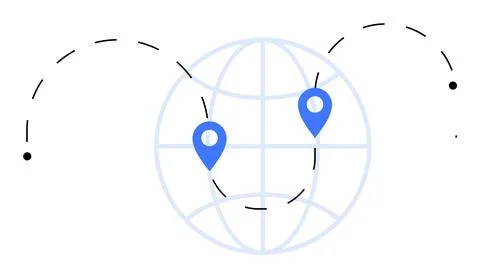 Global Map with Location Pins and Dotted Travel Path Showing Connectivity Stock Illustration