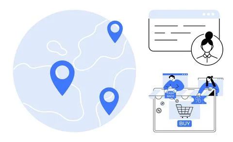 Global map with location pins, webpage interface, shopping cart with buy butt Stock Illustration