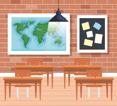 Global map with note board and desks in the classroom Stock Illustration