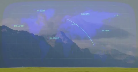 Global map projection moving across mountain, showing grid, coords, trajectory 動画素材 327447780