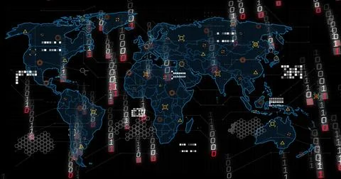 Global map pulsing binary streams, flagging hex nodes and warnings on network 写真素材