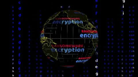 Global map with ransomware encryption digital text rotating and alphabet matr Stock Photos