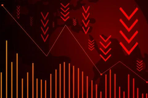 Global map with red bars and arrows pointing down shows synchronized economic Stock Illustration