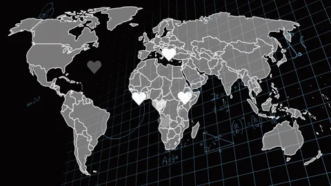 Global map showing floating heart icons, overlaid math sketches, and dynamic Stock Footage 309111266