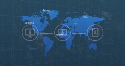 Global map showing three network nodes activating from live data, linking via Stock Footage 330564027