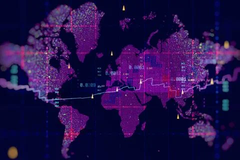 Global market analytics visualization with world map, financial charts and .. Stock Illustration