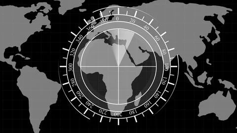 Global navigation concept with compass overlay on world map in monochrome. Stock Illustration