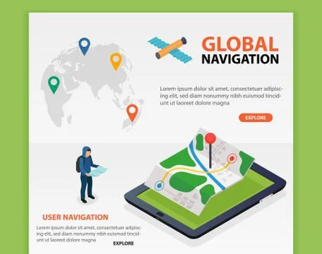 Global Navigation. Flat 3d isometric mobile GPS navigation maps vector. World Stock Illustration