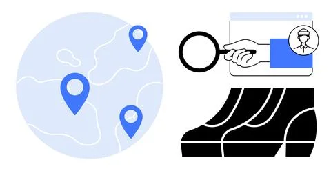 Global Navigation with Magnifying Glass, Browser Search, and Steps Illustrati Stock Illustration