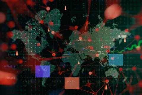 Global network analytics dashboard with world map, connected data nodes and f Illustrazione stock