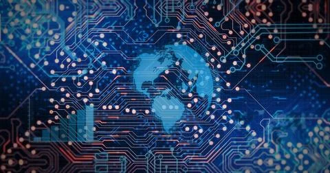 Global network and circuit board image over digital background Stock Illustration