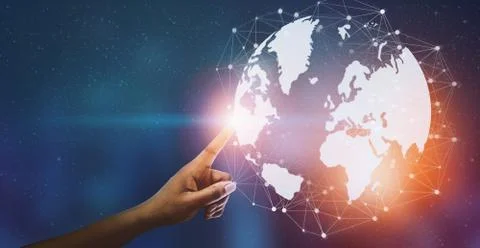 Global Network And Connection. Hand touching 3D world globe with polygonal Stock Illustration