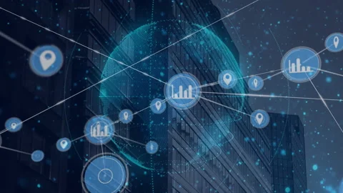 Global network and data analytics animation over city buildings at night Stock Footage 305432190