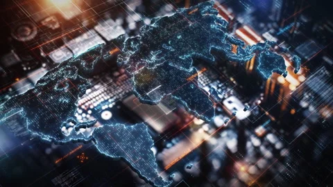 Global network and data exchange: world map hologram over computer motherboard Stock Footage 294667014