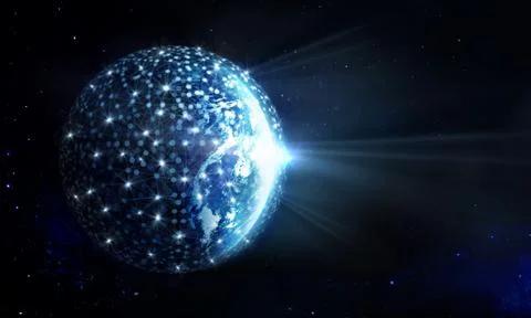 Global Network and data exchange on planet earth in deep space Stock-Fotos