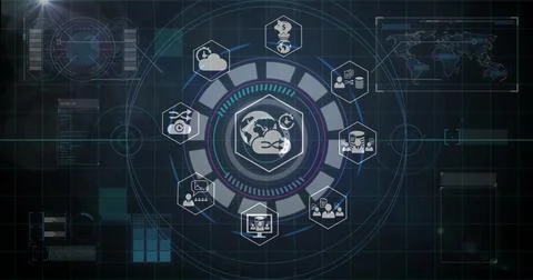 Global network and data processing image over digital interface with icons Stock Illustration